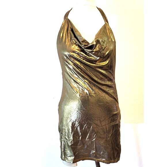 New Without Tags Gold Cowl Neck Mini Dress Gold Halter Size L - Picture 1 of 6